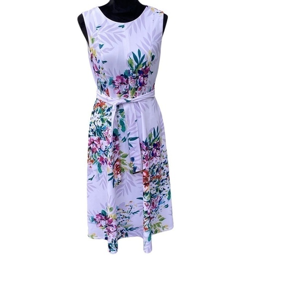 DKNY Ladies White Floral Sleeveless Midi A-line Round Neck Dress With Belt Sz 6 - Picture 5 of 15